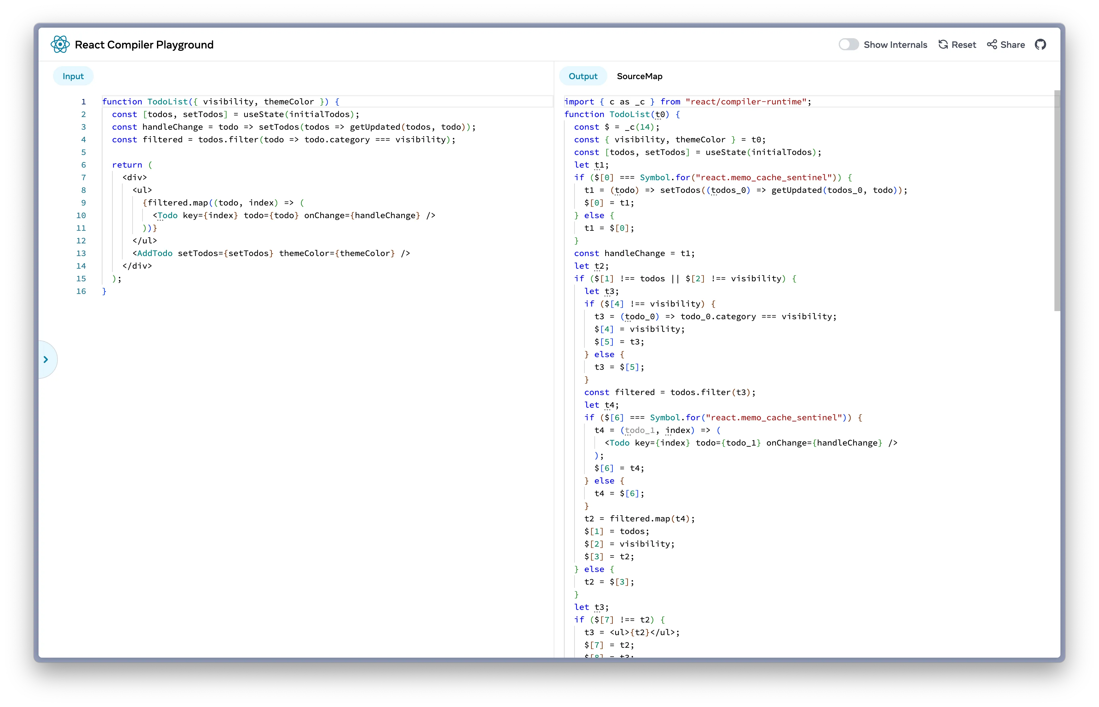 React compiler Playground showing automatic memoization transforms