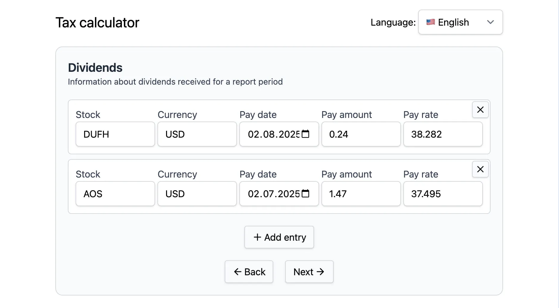 Dividends step of the tax calculation wizard