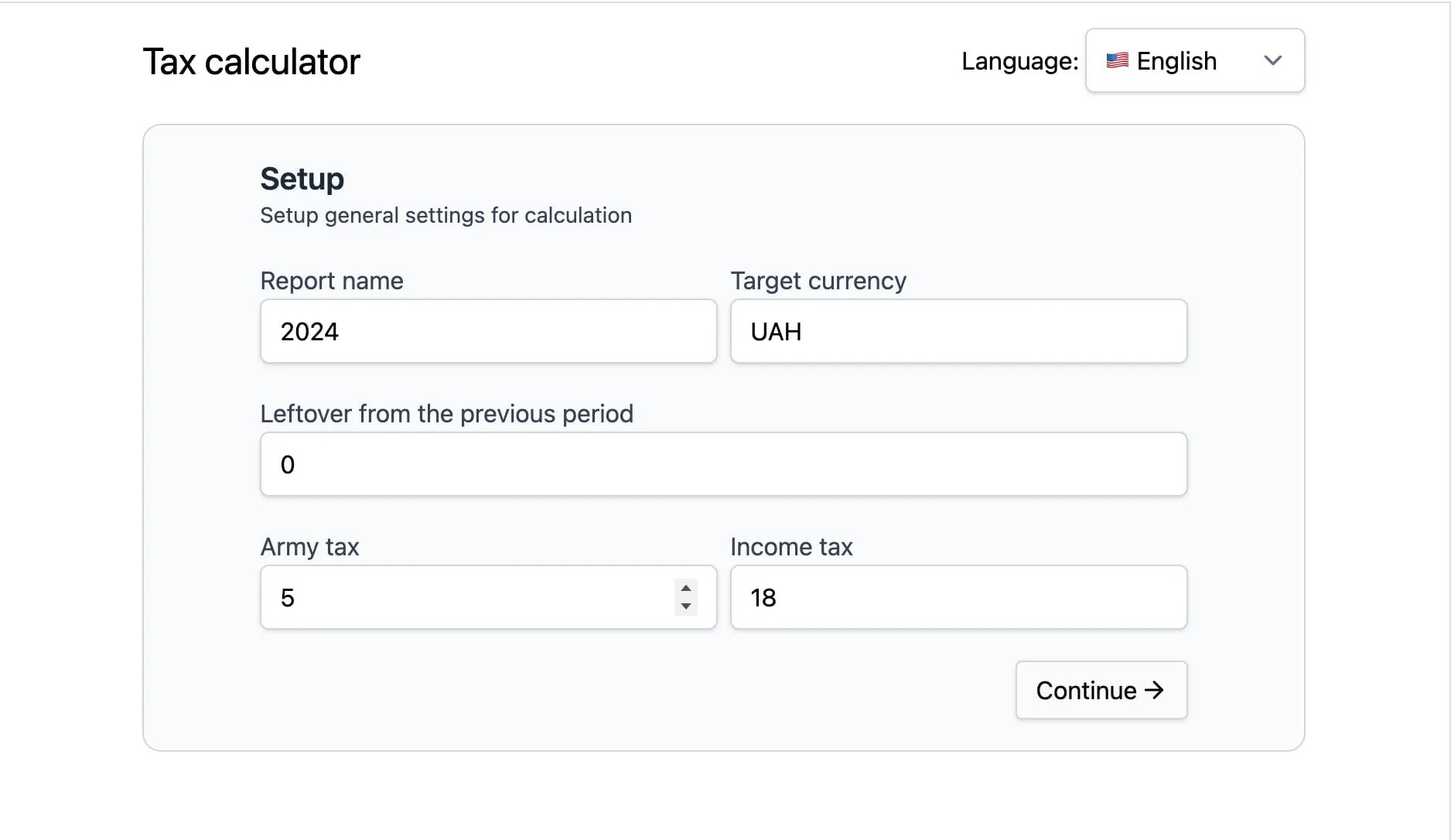 Setup step of the tax calculator wizard