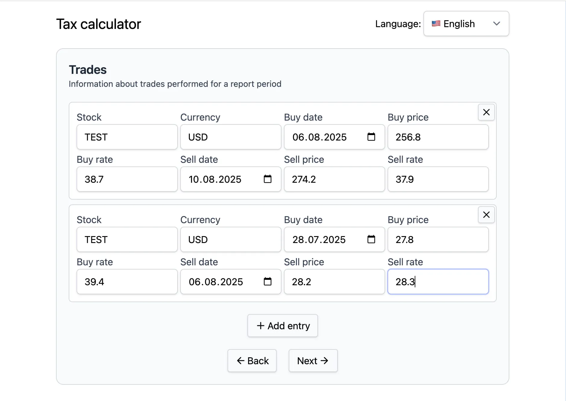 Trades step of the tax calculation wizard