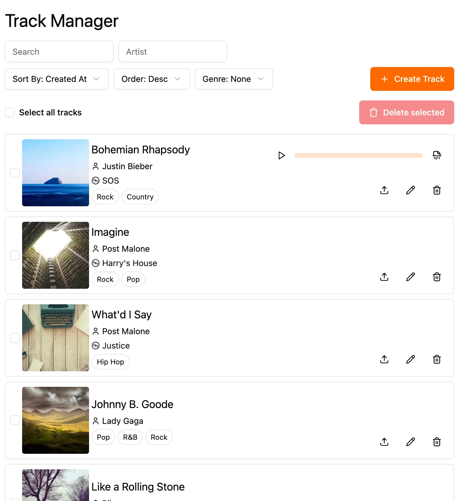 Screenshot of main page of example 'Track Manager' application.