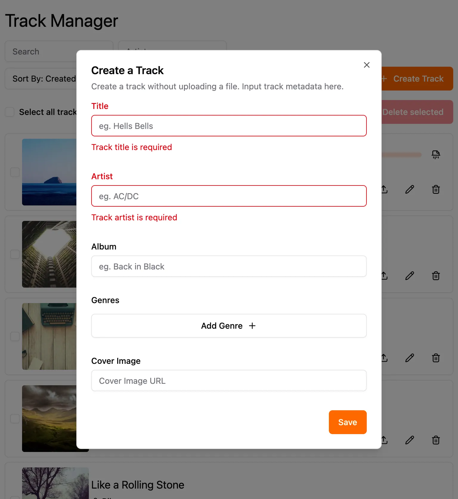 Screenshot of create track modal with errors on the fields