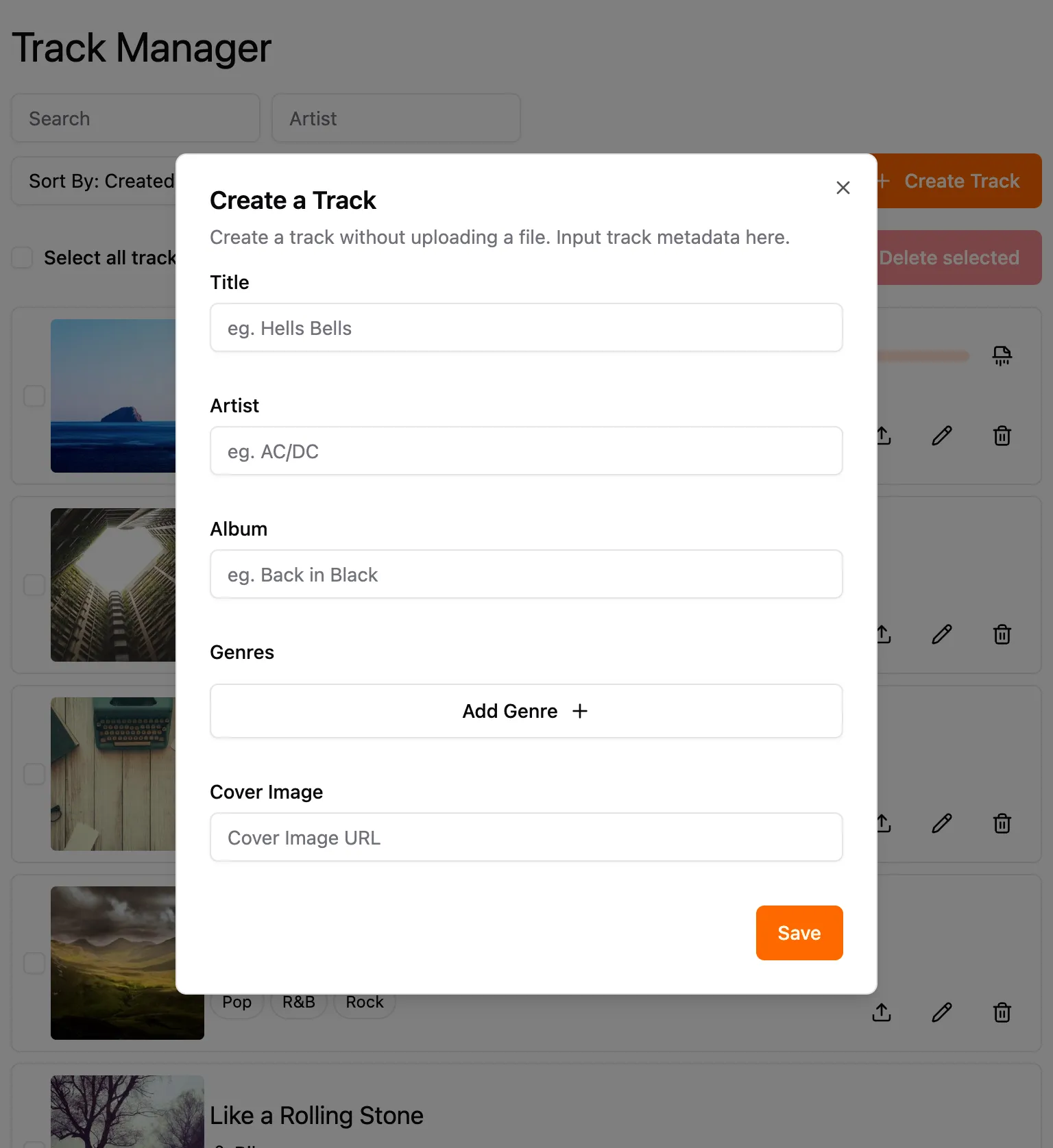 Screenshot of create track modal